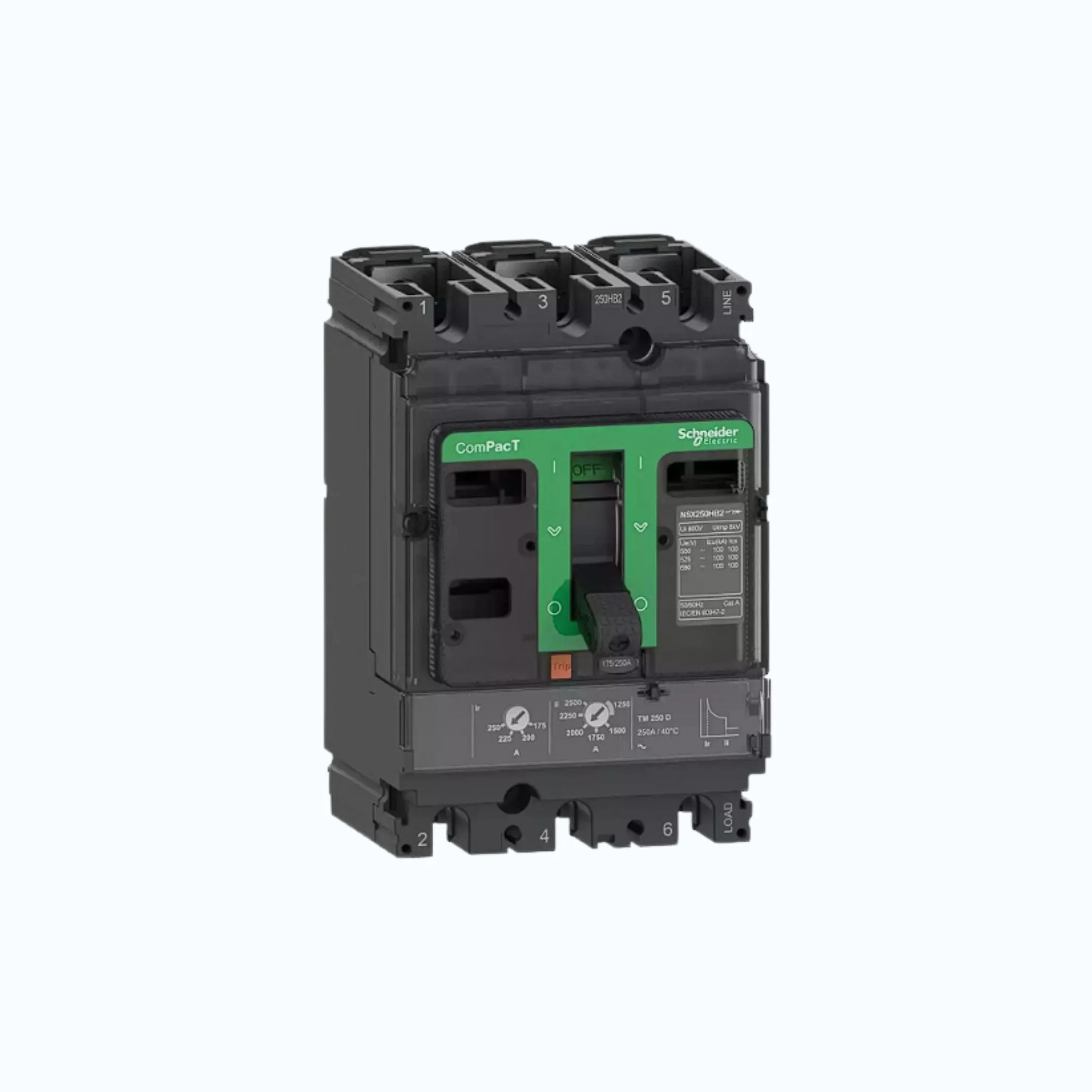 Gambar Schneider ComPacT NSX100 - 250A dengan F (36 kA) 3P-TM200D 140-200 5-10 In- C25F3TM200