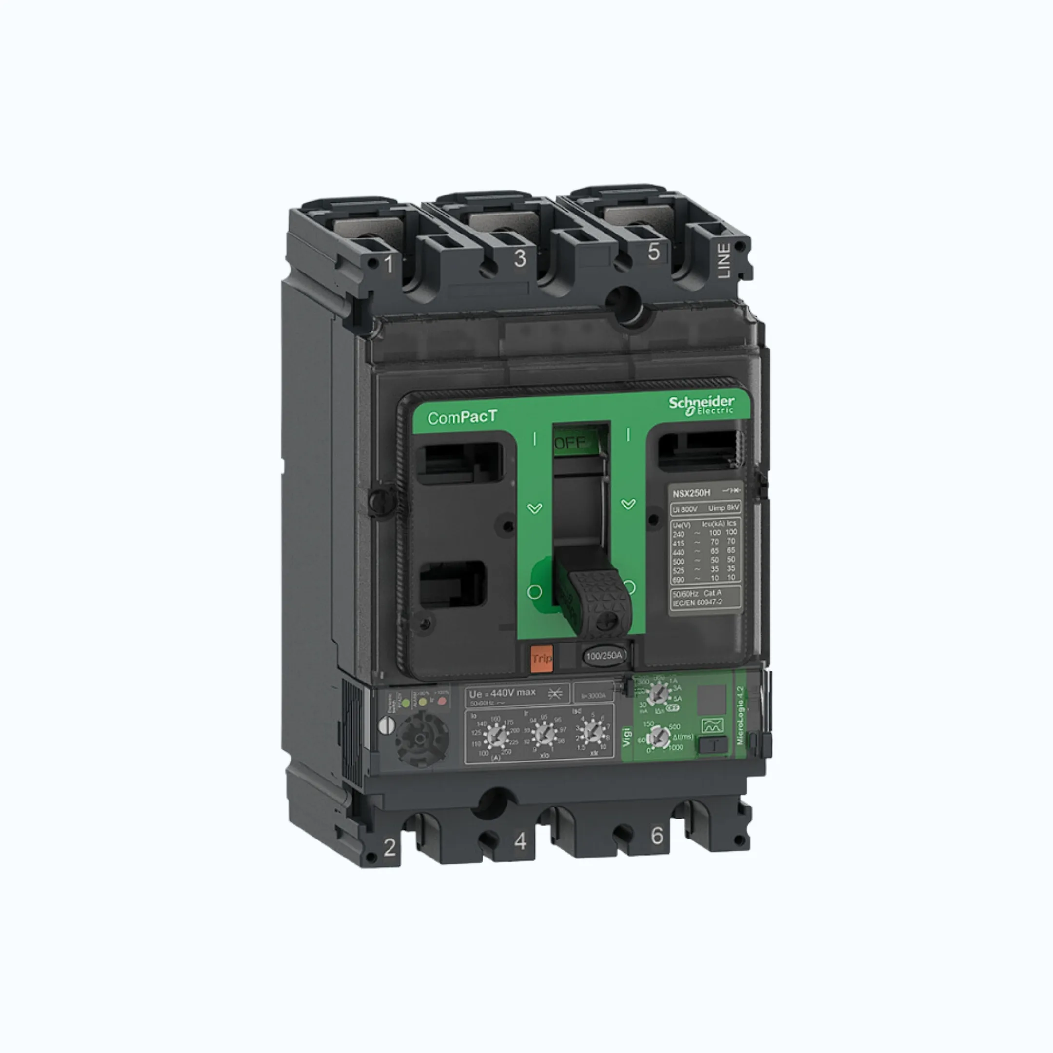 Gambar Schneider ComPacT NSX100 - 630A dengan F (36 kA) 3P-MicroLogic Vigi 4.2 100-250 1.5-10 lr-C25F34V250