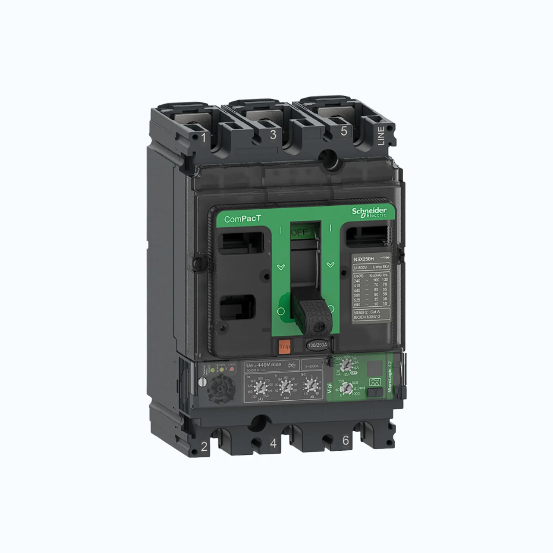 Gambar Schneider ComPacT NSX100 - 630A dengan F (36 kA) 3P-MicroLogic Vigi 4.3 250-630 1.5-10 lr-C63F34V570