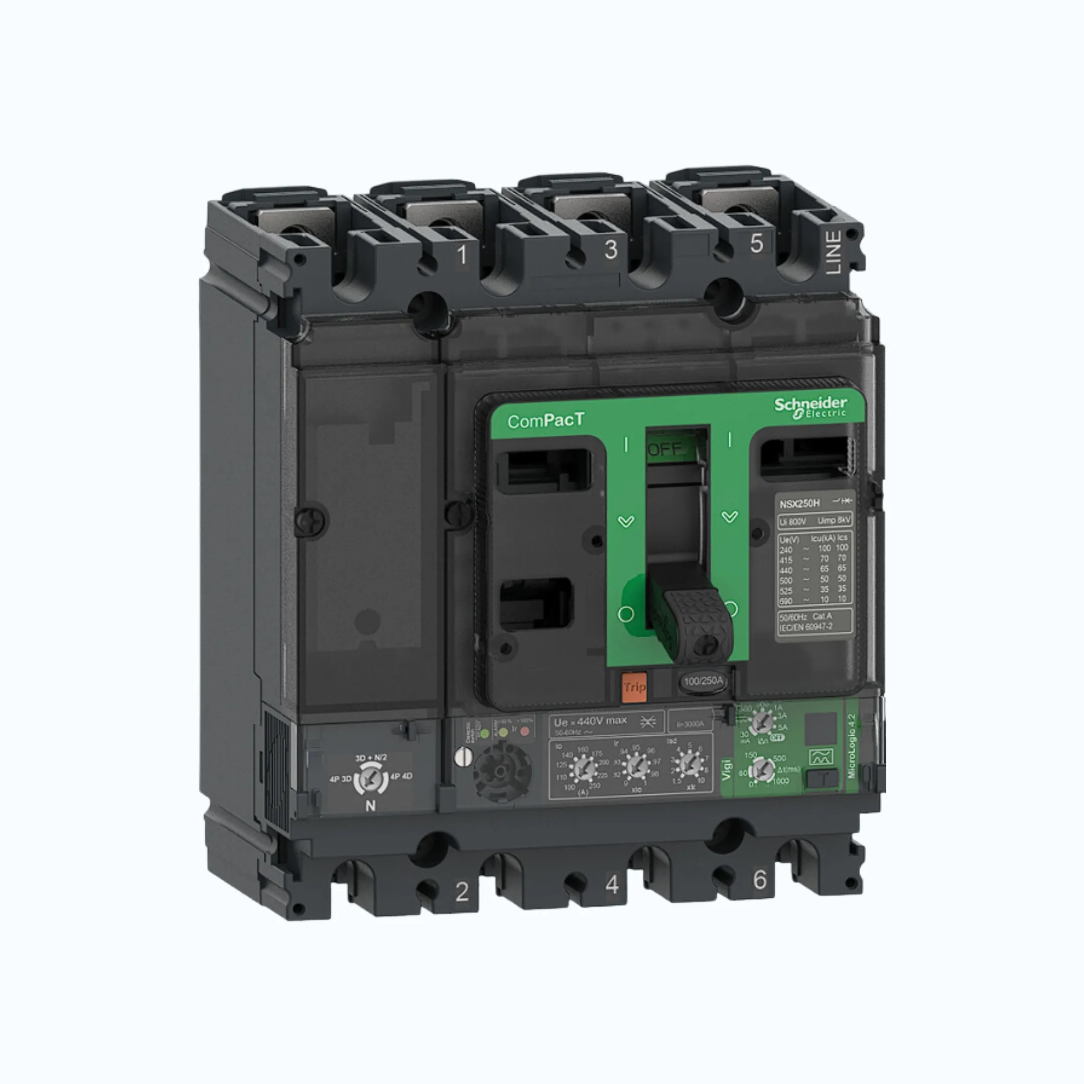 Gambar Schneider ComPacT NSX100 - 630A dengan F (36 kA) 4P-MicroLogic Vigi 4.2 40-100 1.5-10 lr-C10F44V100