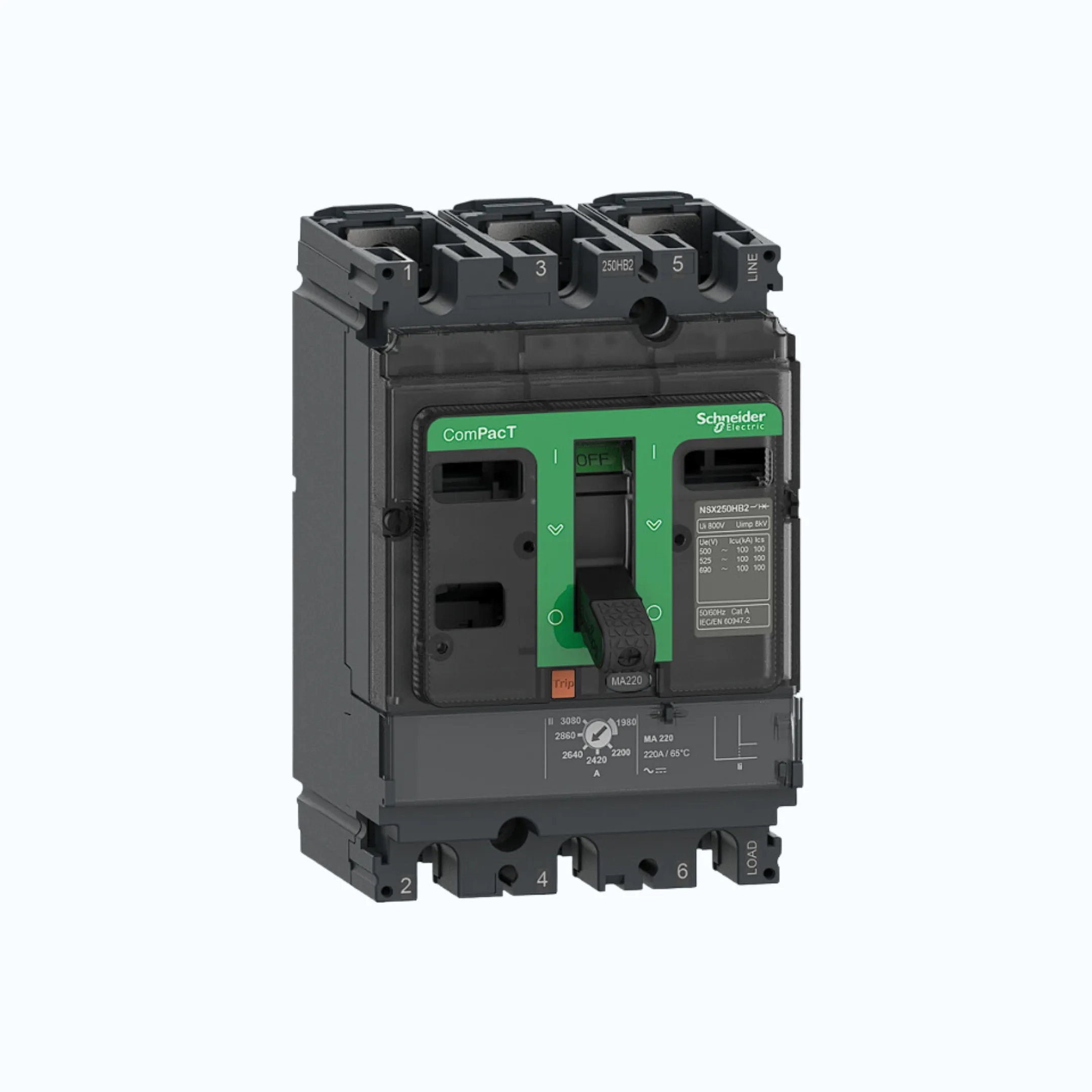 Gambar Schneider ComPacT NSX100 - 630A dengan F (36kA), 3P-MA 220A 9-14 x In- C25F3MA220