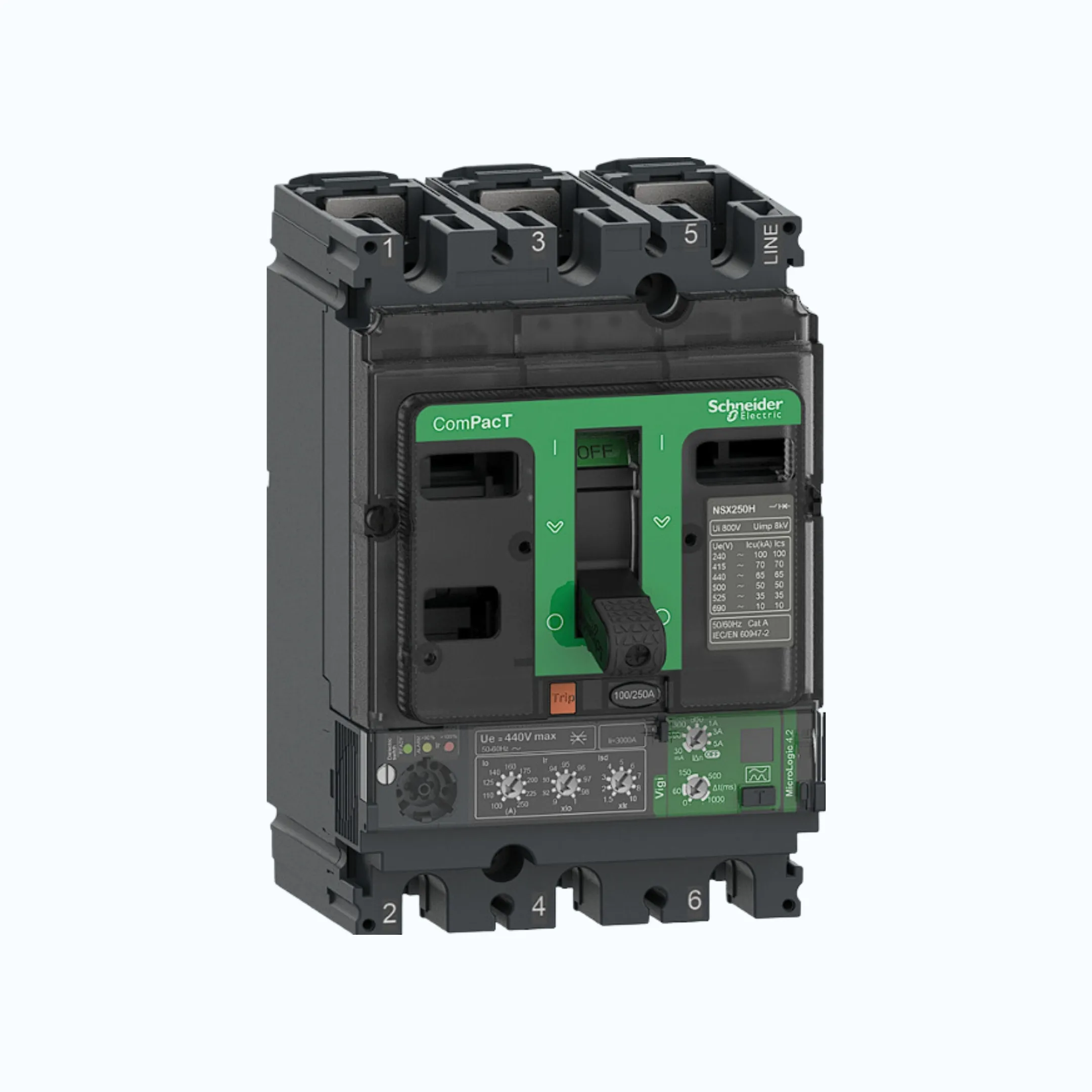 Gambar Schneider ComPacT NSX100 - 630A dengan H (70 kA)3P- MicroLogic Vigi 4.2 63-160 1.5-10 lr-C16H34V160