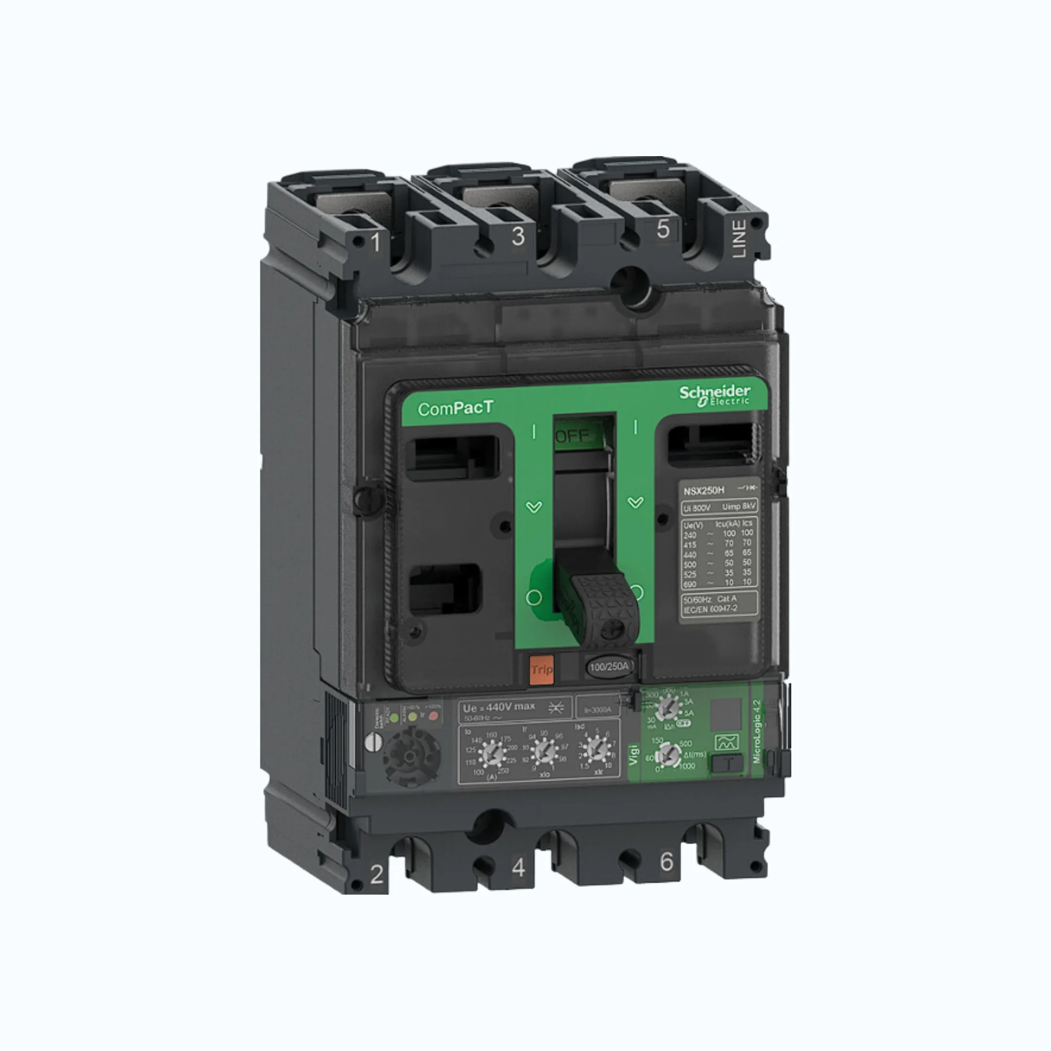 Gambar Schneider ComPacT NSX100 - 630A dengan H (70 kA)3P-MicroLogic Vigi 4.2 100-250 1.5-10 lr-C25H34V250