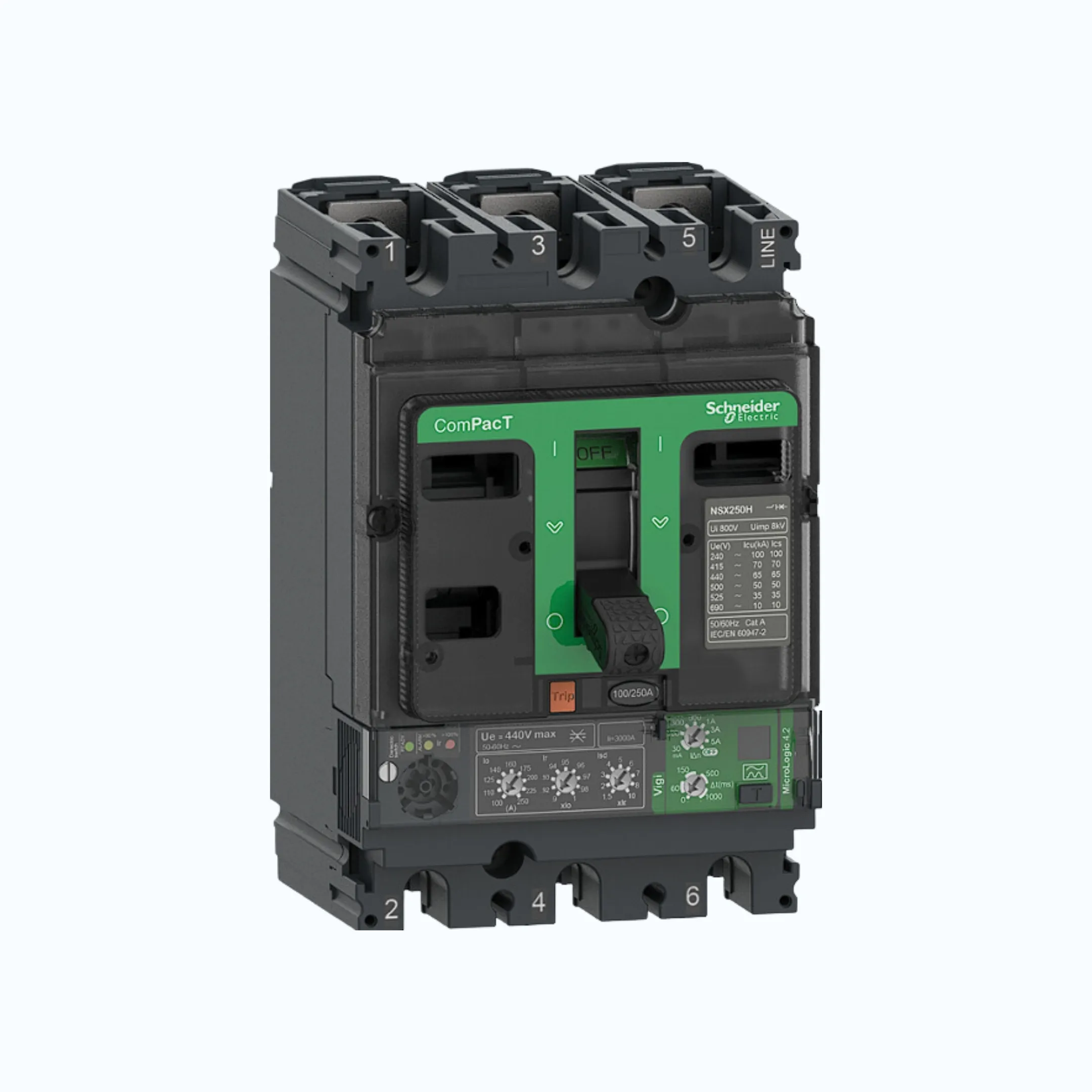 Gambar Schneider ComPacT NSX100 - 630A dengan H (70 kA)3P-MicroLogic Vigi 4.3 160-400 1.5-10 lr-C40H34V400