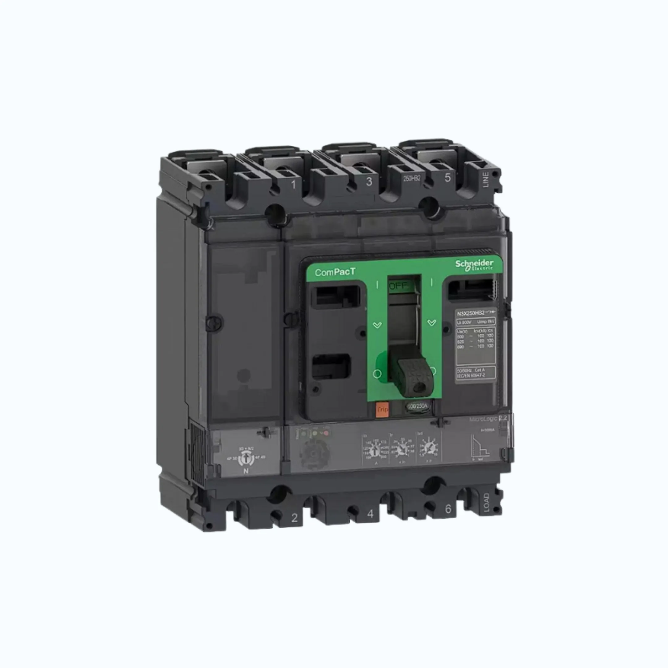 Gambar Schneider ComPacT NSX100 - 630A dengan H (70 kA) 4P-MicroLogic 2.2 (250A) 100-250 1.5-10 lr-C25H42D250