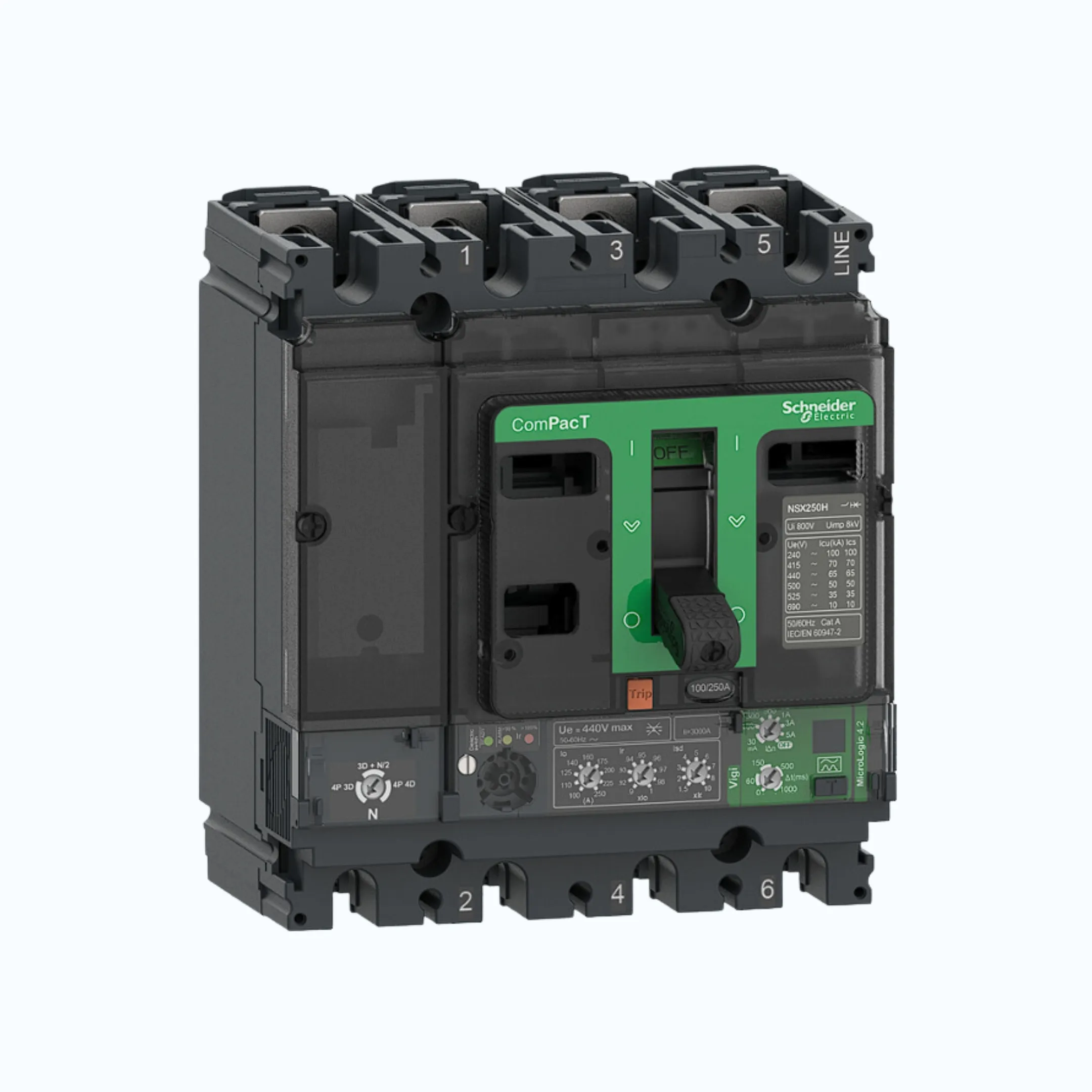 Gambar Schneider ComPacT NSX100 - 630A dengan H (70 kA)4P-MicroLogic Vigi 4.2 100-250 1.5-10 lr-C25H44V250