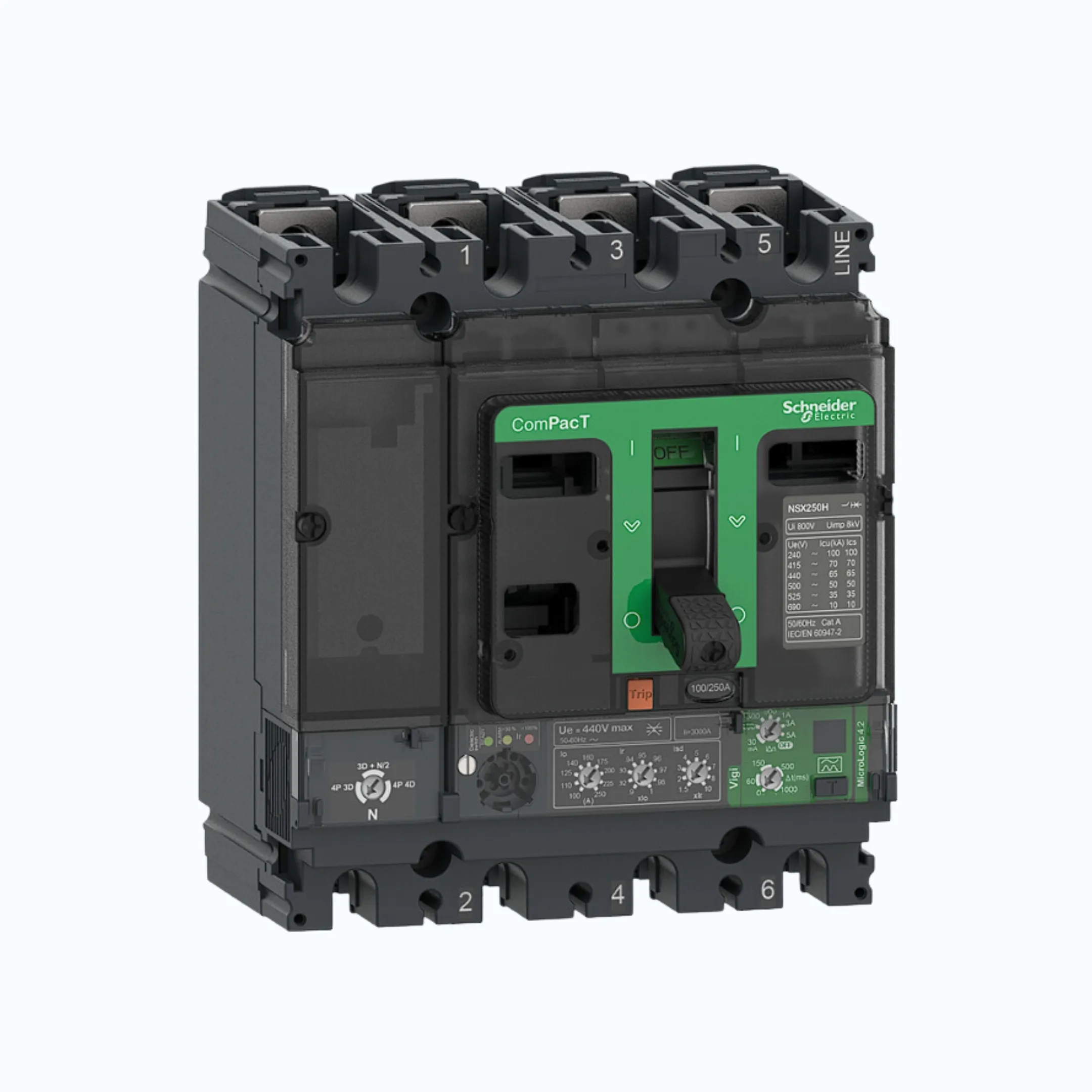 Gambar Schneider ComPacT NSX100 - 630A dengan H (70 kA)4P-MicroLogic Vigi 4.3 160-400 1.5-10 lr-C40H44V400