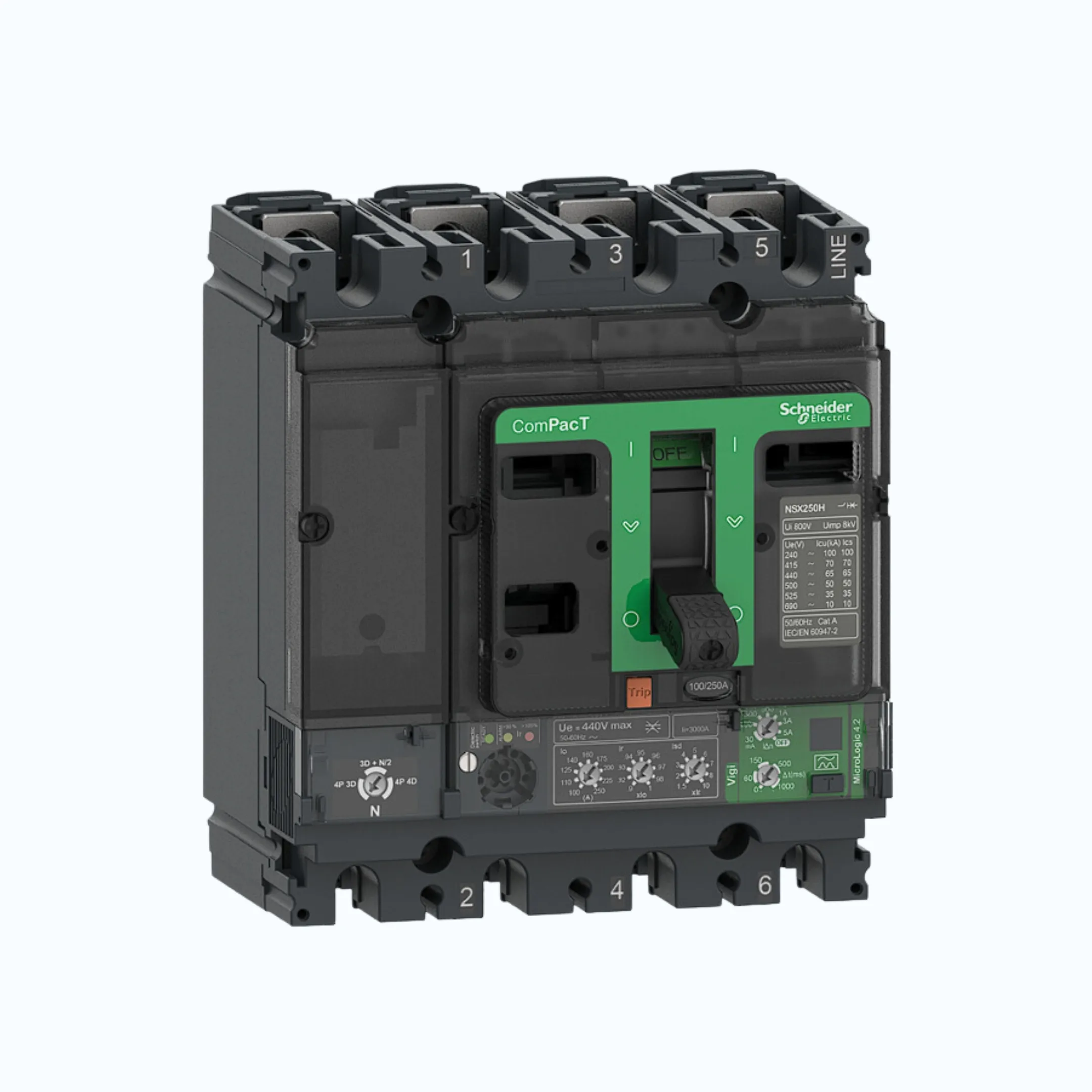 Gambar Schneider ComPacT NSX100 - 630A dengan H (70 kA)4P-MicroLogic Vigi 4.3 250-630 1.5-10 lr-C63H44V570