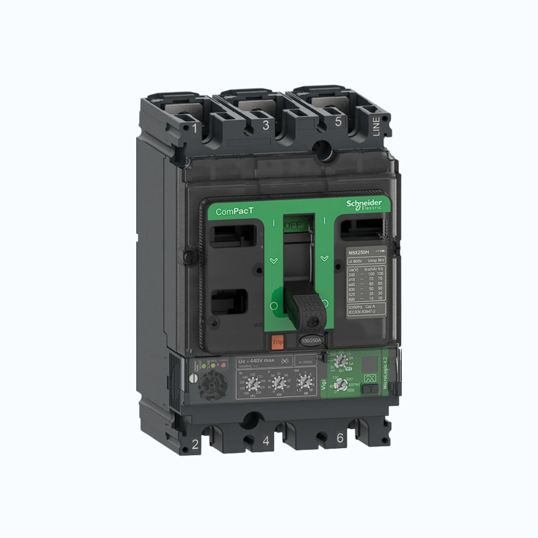 Gambar Schneider ComPacT NSX100 - 630A dengan N (50 kA)3P- MicroLogic Vigi 4.2 63-160 1.5-10 lr-C16N34V160