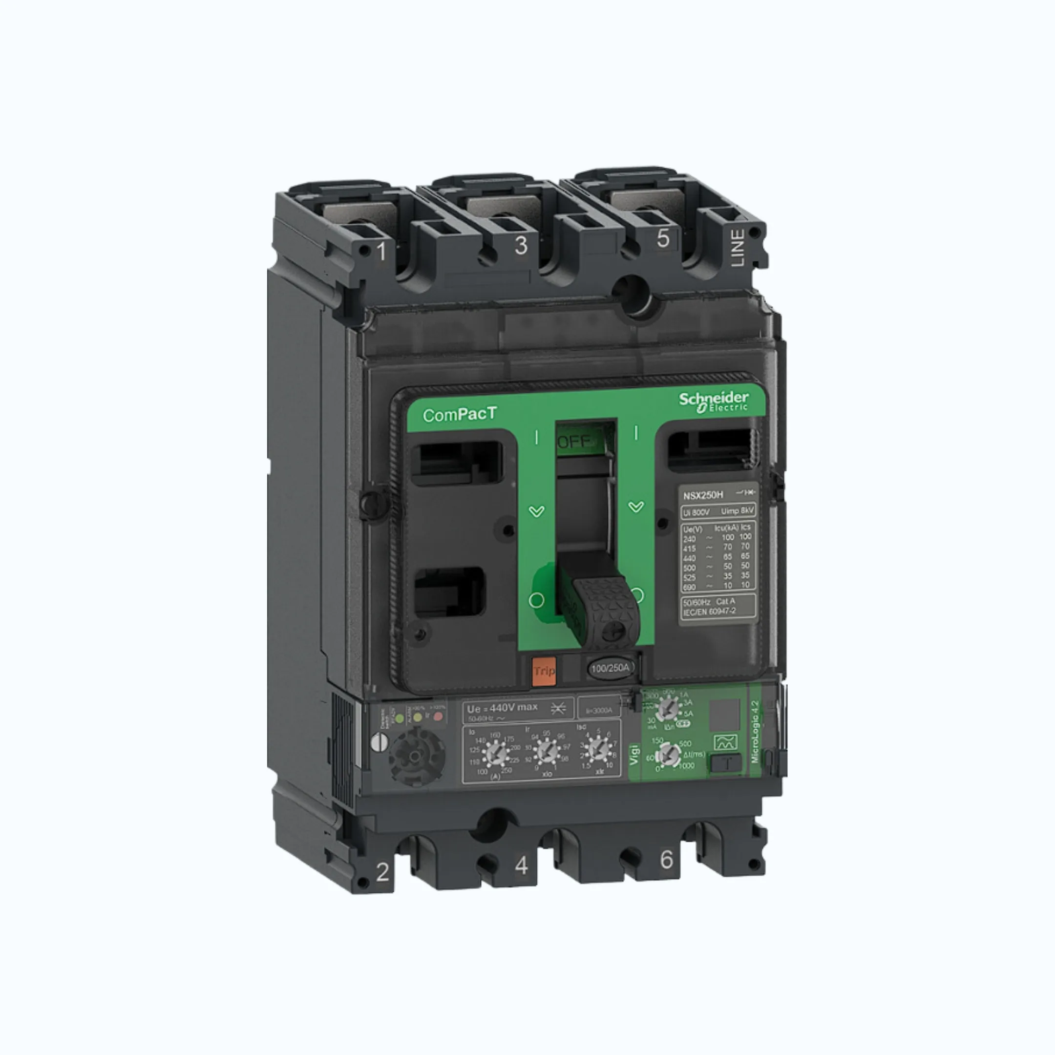 Gambar Schneider ComPacT NSX100 - 630A dengan N (50 kA)3P-MicroLogic Vigi 4.3 160-400 1.5-10 lr-C40N34V400