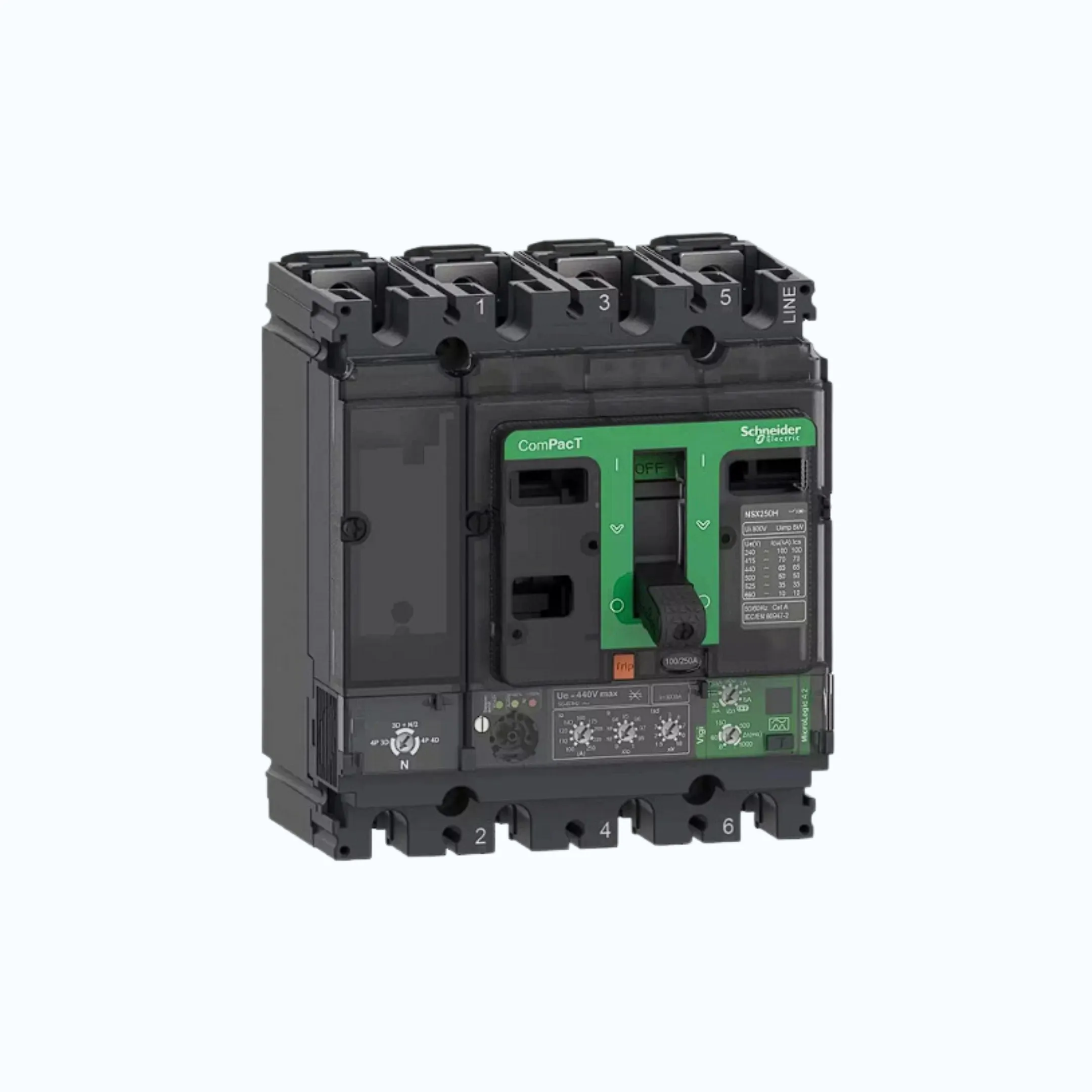 Gambar Schneider ComPacT NSX100 - 630A dengan N (50 kA) 4P- MicroLogic 2.2 (160A) 63-160 1.5-10 lr- C16N42D160