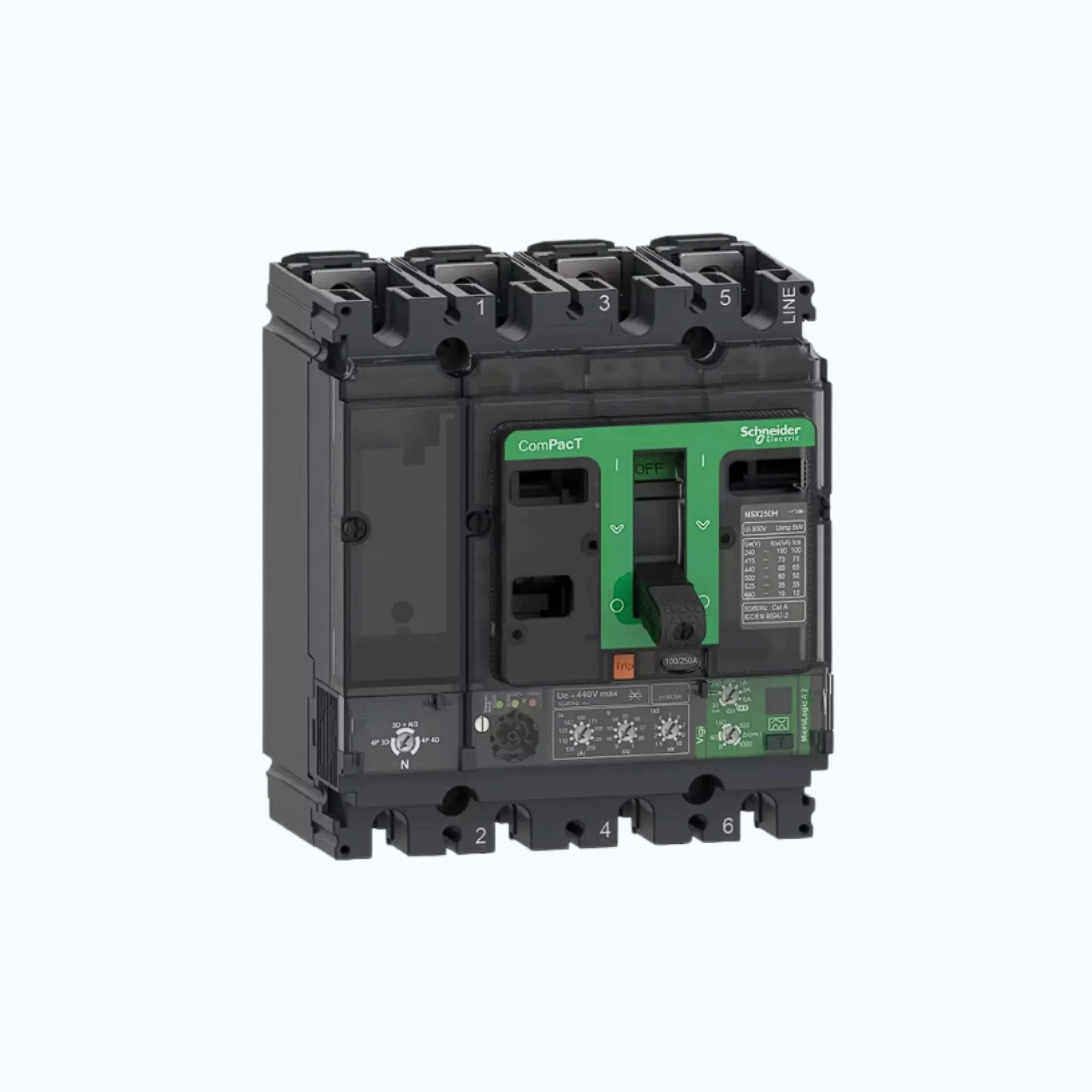 Gambar Schneider ComPacT NSX100 - 630A dengan N (50 kA) 4P-MicroLogic 2.2 (250A) 100-250 1.5-10 lr-C25N42D250