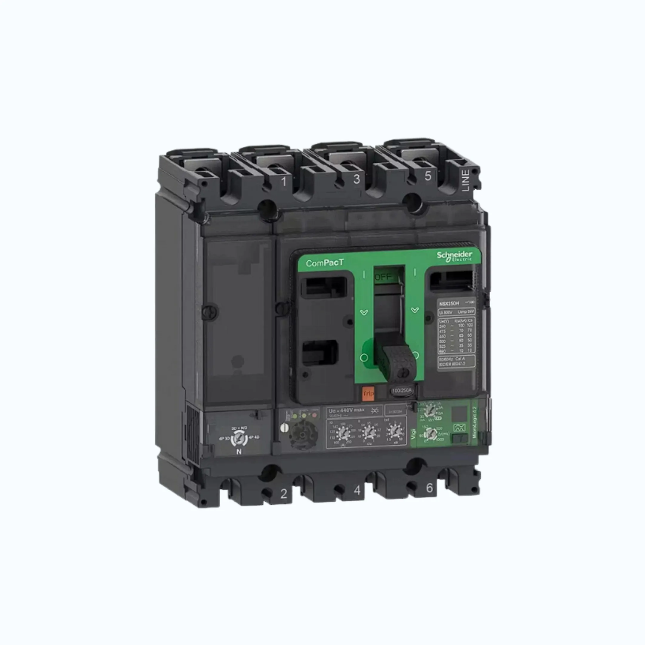 Gambar Schneider ComPacT NSX100 - 630A dengan N (50 kA) 4P-MicroLogic 2.3 (630A) 250-630 1.5-10 l-C63N42D630