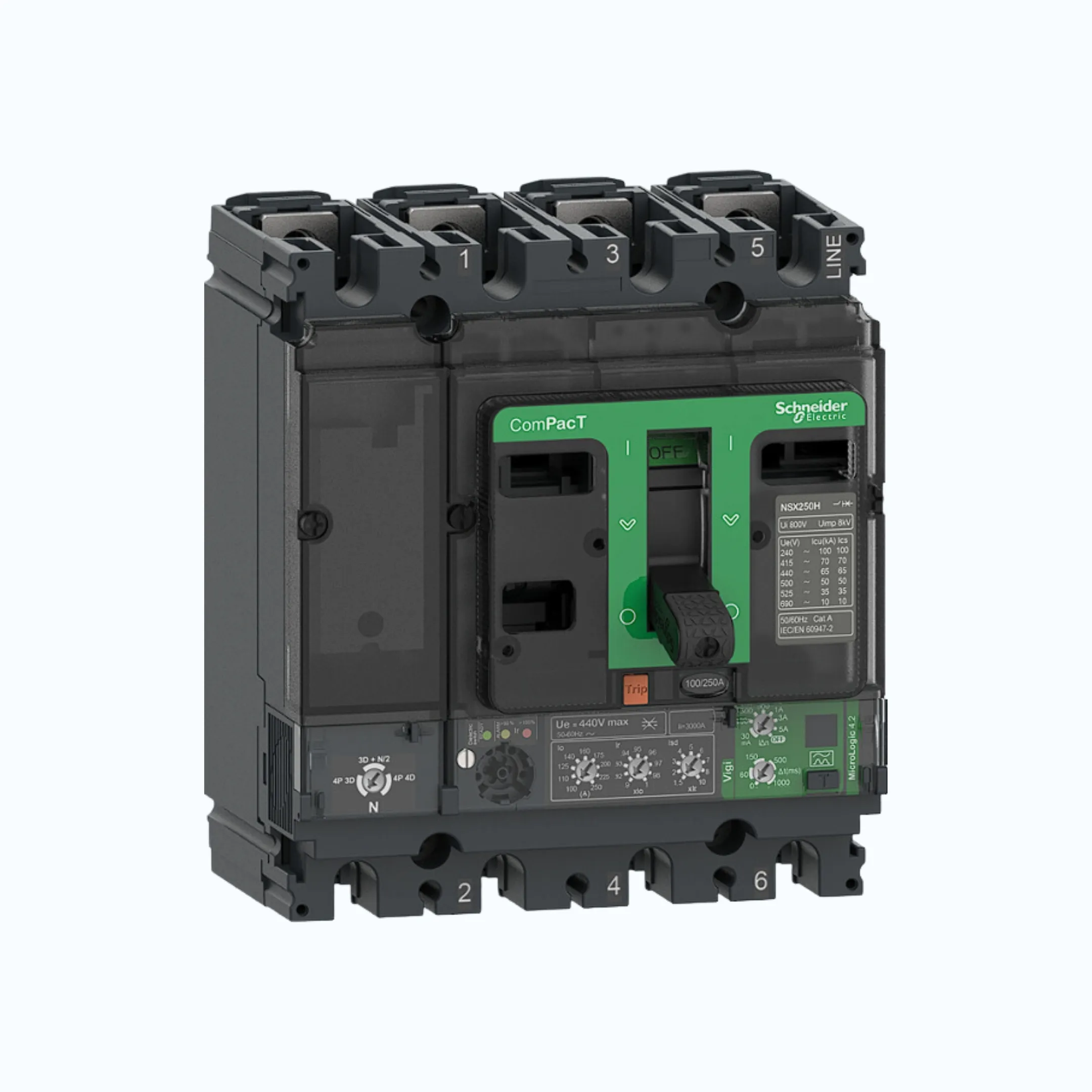 Gambar Schneider ComPacT NSX100 - 630A dengan N (50 kA)4P-MicroLogic Vigi 4.2 100-250 1.5-10 lr-C25N44V250