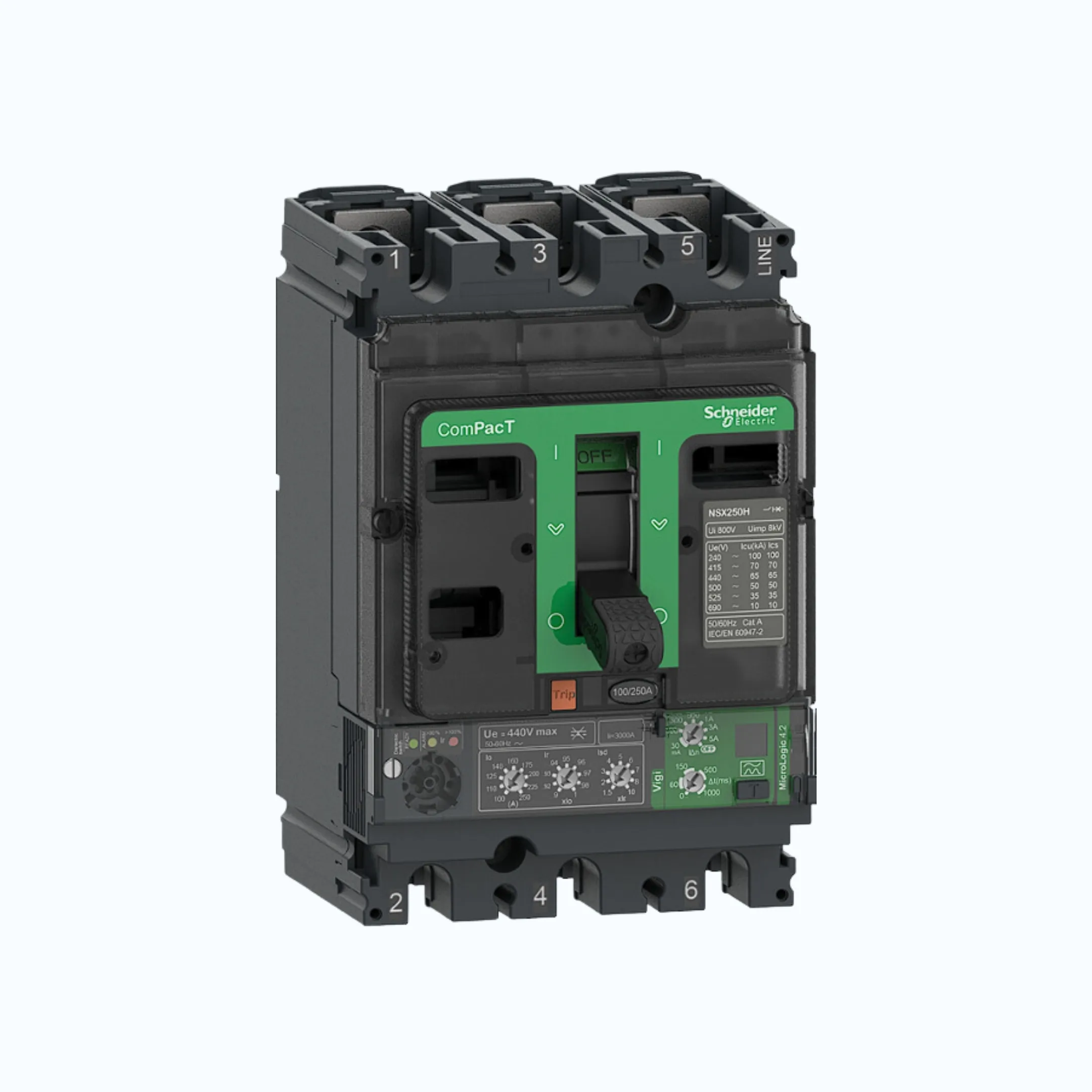 Gambar Schneider ComPacT NSX100 - 630A dengan N (50kA)3P-MicroLogic Vigi 4.3 250-630 1.5-10 lr- C63N34V570